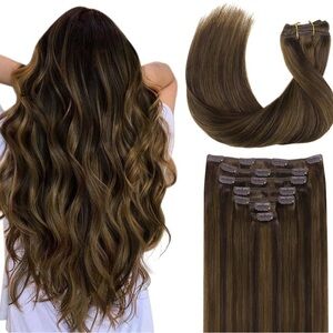 20 in Brown Highlights Clip-In Extensions 100% Human Hair Full Set 7 pcs